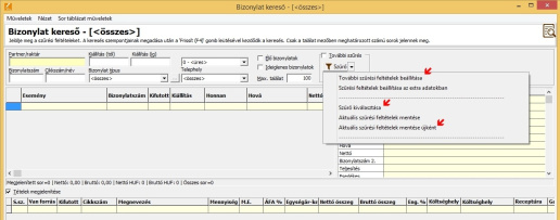 Szűrési feltételek mentése -  bizonylat kereső
