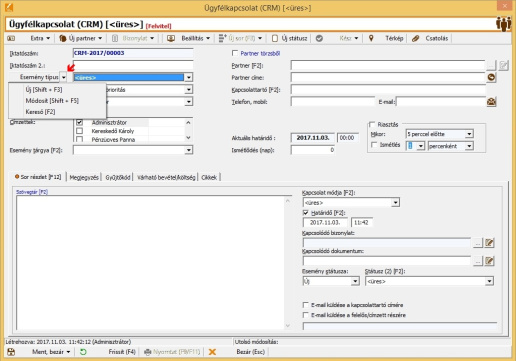 CRM modul -  esemény felvitel